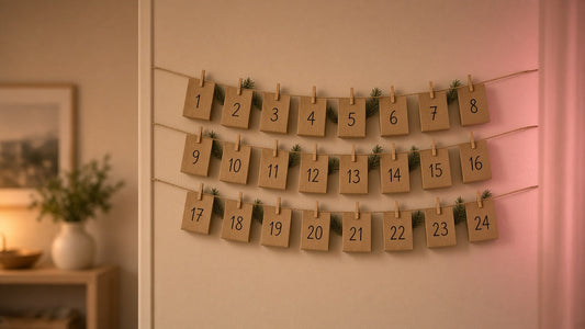 Advent calendar fillers for adults: 24 numbered paper bags on a string, wall glowing in golden and pink light