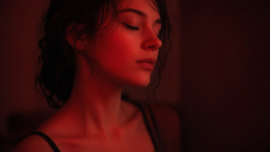 TikTok red light filter look: adult face and shoulders lit by strong Flame Red ambient light in a dark room