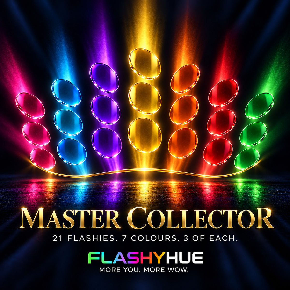 Glowing Flashy colour filters in pink, blue, violet, gold, orange, red and green, three stacked per colour, with light beams on a dark background, “Master Collector” lettering and FlashyHue logo