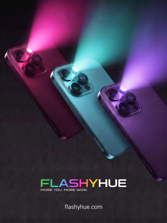 Three smartphones with Flashy Hue color filters: flashlight glowing pink, turquoise and violet