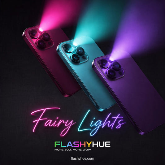 Fairy Lights by Flashy Hue: three smartphones, flashlight glowing pink, turquoise and violet