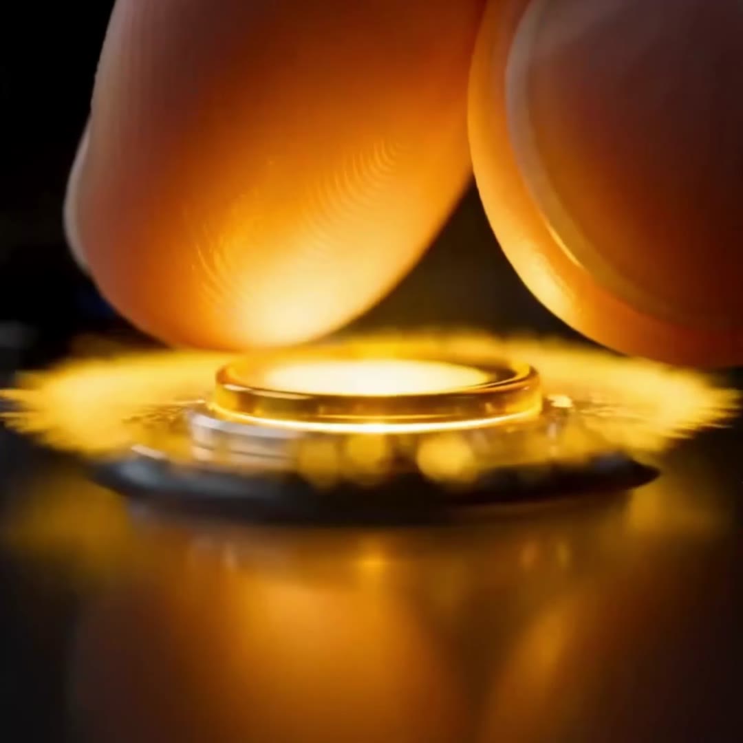 Close-up: two fingers placing a colour filter on a glowing LED, the light glows golden