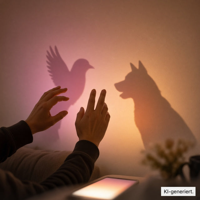 Bunte Schatten von Händen an einer Wand im pink-orangen Handylicht (KI-generiert)