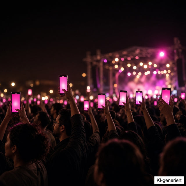 Group at an evening event, all phone lights glowing pink