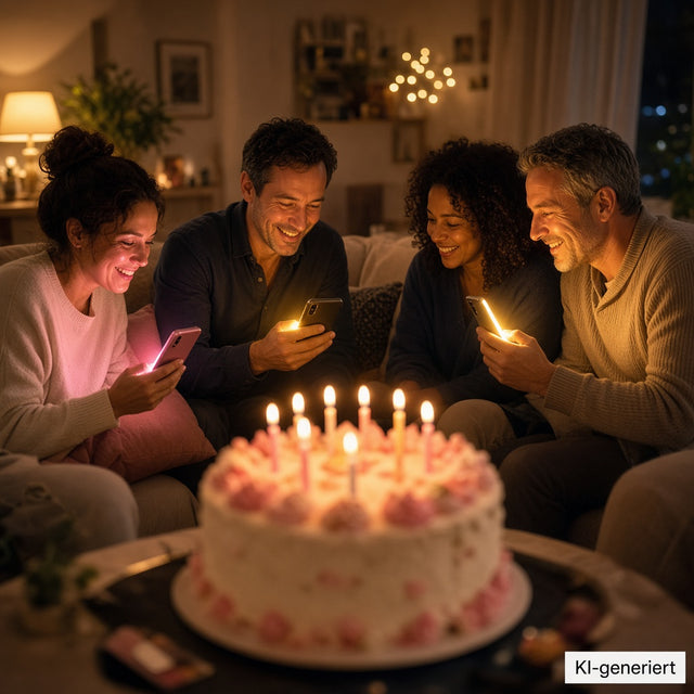 Geburtstagsfeier mit farbigem Handylicht und Torte (KI-generiert)