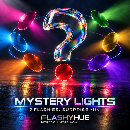 Glowing question mark made of colourful lights with FlashyHue colour filters, “Mystery Lights” lettering and FlashyHue logo