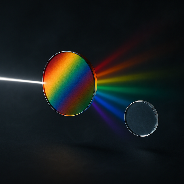 Prism splitting white light into rainbow colours